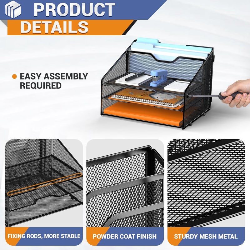 Gawerk Letter Tray Organizer, Mesh Desk File Organizer with 3 Paper Trays and 2 Vertical Upright Section (Pink) - Image 3
